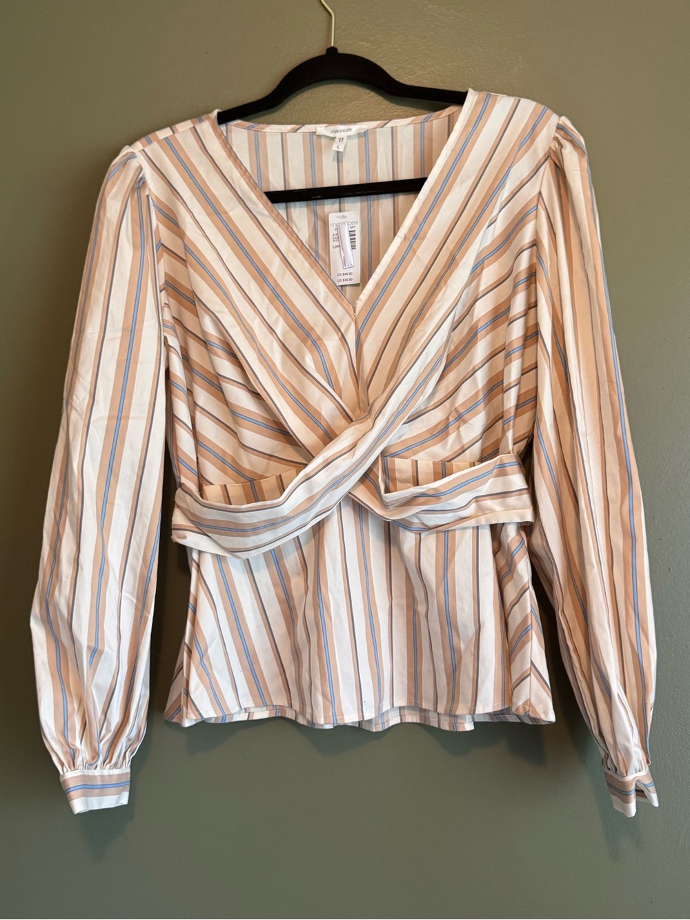 Maurices Striped Twist-Front Long Sleeve Blouse - Cream & Blue & Tan